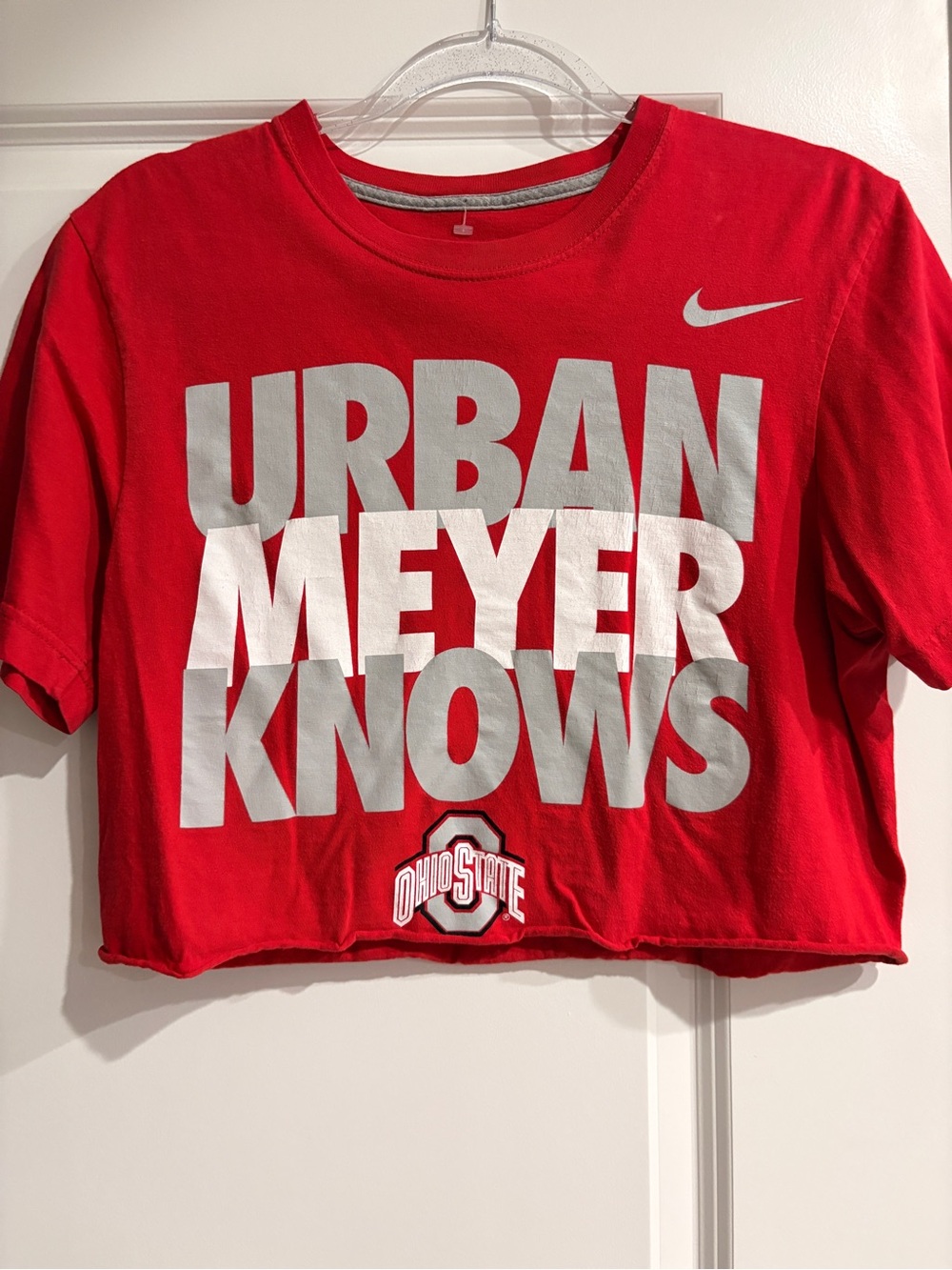Nike Red "Urban Meyer Knows" Ohio State Cropped Tee- small